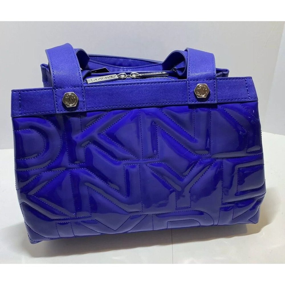 DKNY Active Quilted Monogram Logo Blue Purple Patent Leather Shoulder Bag NEW